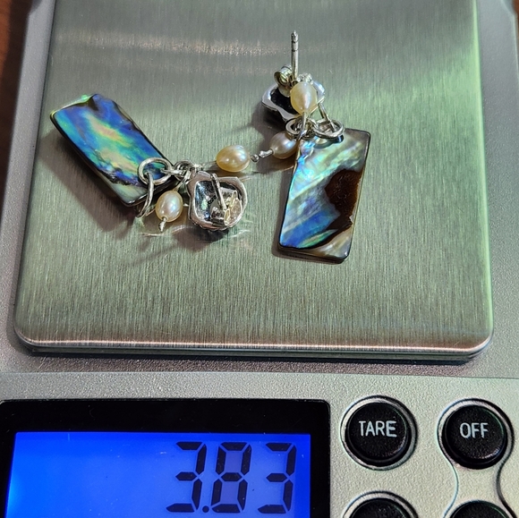 Genuine Sterling Silver Dangle Earrings With Abalone Shells & Freshwater Pearls - Picture 12 of 12